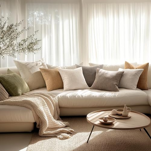 MIULEE Decorative Corduroy Pillow Covers Soft Solid Pack of 2 Cushion Cases Boho Square Throw Pillow Covers Cream White Boho Pillowcases for Couch Chair Sofa Bed Living Room Home Decor 18 x 18 Inch