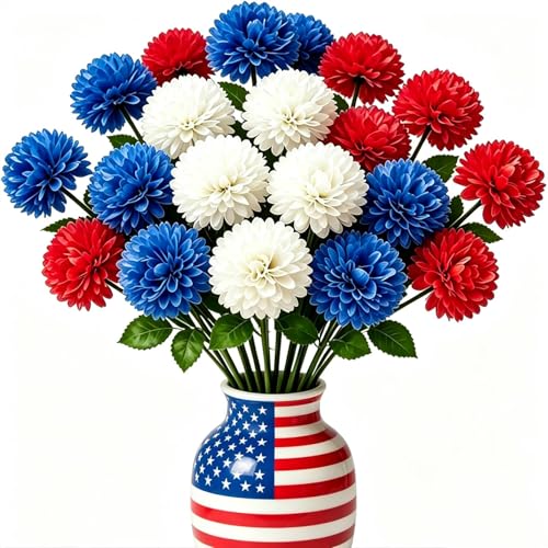 Floweroyal 12pcs 4th of July Flowers 250th Anniversary Artificial Chrysanthemum Ball Silk Hydrangea Flowers for Independence Day, Memorial Day, Floral Arrangement Decor (Red, Blue, White)