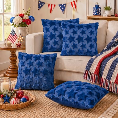 OLANRUN 4th of July Decorations, 4th of July Pillow Covers 18x18 Inch Set of 2, Blue Stars Patriotic Independence Day Decorations Soft Plush Faux Fur Jacquard Throw Pillows for Indoor Home Sofa