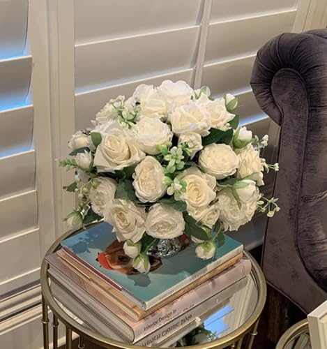 4 Bundles Artificial Peonies Silk Flowers, White Faux Peony Bouquet Florals Arrangements Decor for Farmhouse Home Boho Wedding Table Centerpiece, Fake Plastic Flowers Bulk Vase Decoration (White)