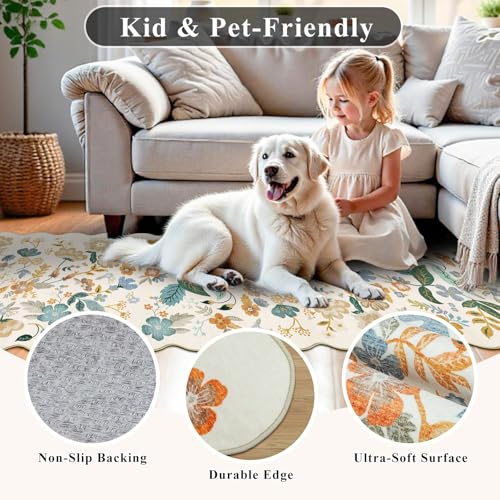 3x12 Washable Scalloped Floral Rug: Non Slip Long Hallway Runner Rug Cream