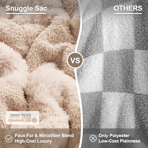 Snuggle Sac Checkered Throw Blanket Faux Fur Microfiber Blankets for Couch,Cozy Soft Warm Blanket for Sofa Bedroom Living Room,Solid Beige,50x60 inches