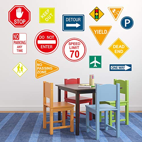 Zonon 15 Pieces Road Signs Wall Decal Traffic Street Sign Sticker Stop Street Transportation Construction Vinyl Car Wall Decals for Back to School Decor Kid Bedroom Classroom Bulletin Board Playroom