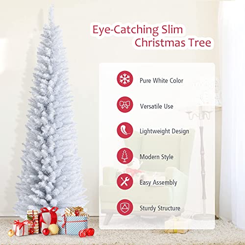 7FT White Pencil Christmas Tree, Artificial Christmas Tree w/Premium PVC Needles, Pine Tree w/Solid Metal Stand, Ideal for Home, Office, Shops, Holiday Decoration