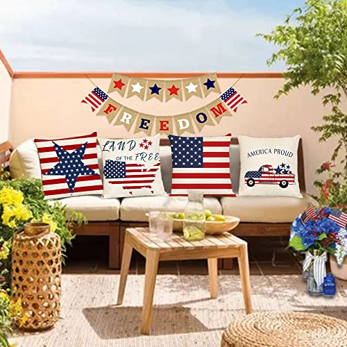 YeeJu Set of 4 Patriotic Throw Pillow Covers 18x18 4th of July Pillow Covers American Flag Fourth of July Memorial Day Independence Day Red White Blue Veteran Pillow Cases for Home Outdoor Decoration