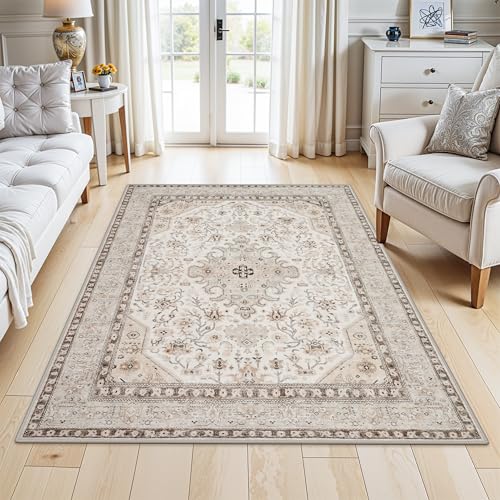 HILORUUG 4x5 Rug Entryway Washable: Non-Slip Oriental Area Rug for Bathroom Kitchen- Farmhouse Low Pile Stain Resistant Carpet Long Thin Front Door Mat (4x5 Ivory/Grey/Multi)