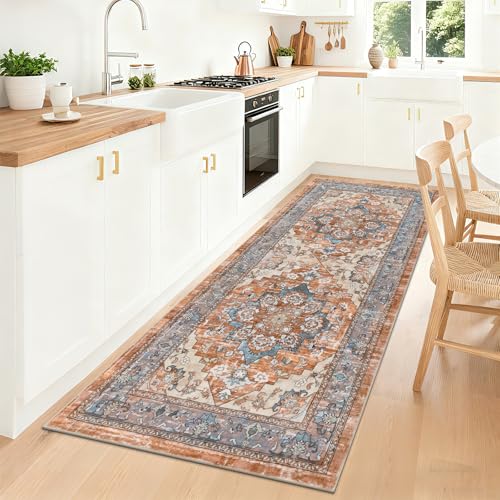 Washable Runner Rug 3x6, Floral Non Slip Boho Hallway Runner Rug with Rubber Backing, Low Pile Faux Wool Distressed Carpet for Kitchen, Laundry, Bedroom, Entrance