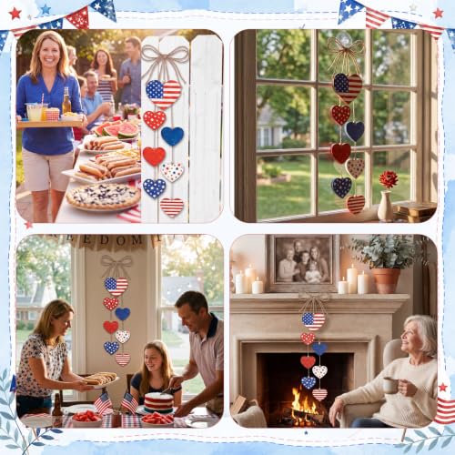 Capoda 4th of July Wood Hanging Decor Rustic Heart Patriotic Wreath Hanging Sign 250th Anniversary Independence Day Double-sided Wooden Wreaths, Labor Day Wall Decoration for Home Indoor Outdoor