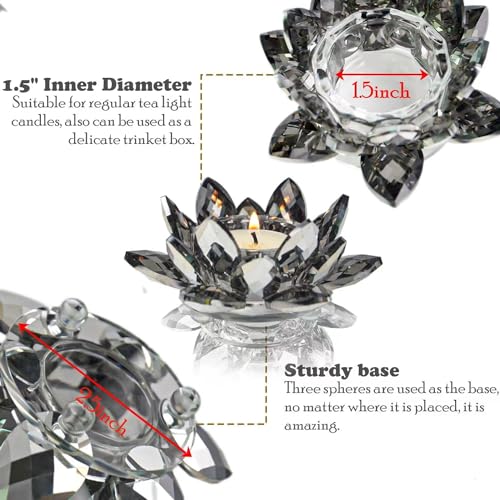Lotus Black Crystal Candlestick 2-Piece Tealight Candle Set, Black Glass Votive Candle Holder for Tabletop Dining Table Center Decoration Ideal Candle Holder for Wedding Valentine's Day Decoration