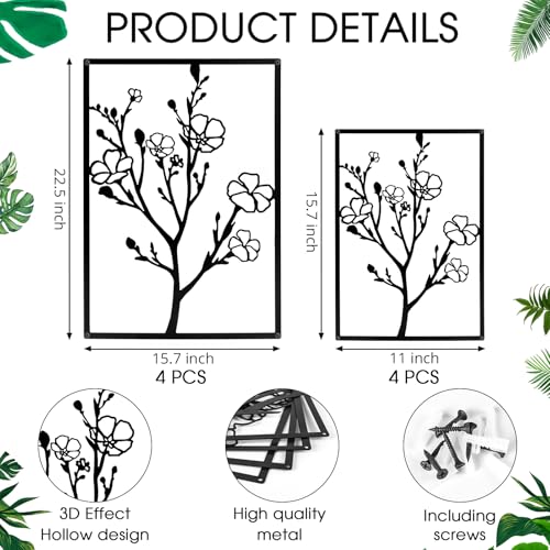 ZNZAPO 4 Pcs Black Metal Flower Wall Art, Abstract Line Art Wall Decor, Minimalist Floral Wall Hanging Art, 3d Wall Art Sculptures Decor for Living Room Bedroom Bathroom (11 × 15.7”)