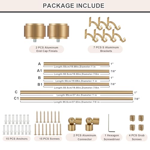 Warm Gold Bay Window Curtain Rods with Aluminum End Cap Finials and Brackets,Adjustable 36-72 Inch Center Rod for windows (24-68’’), 20-36 Inch Side Rods for windows (16-32’’),1 Inch Diameter
