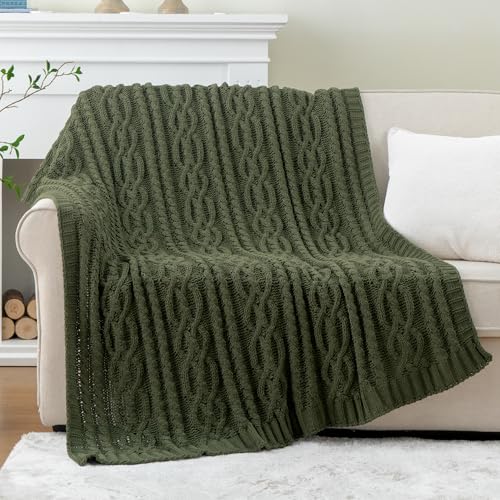Battilo Olive Green Throw Blanket for Couch, Chunky Cable Knit Blanket, Woven Soft Cozy Chenille Throw Blanket for Bed, Sofa, Chair, Living Room, 51"x67"