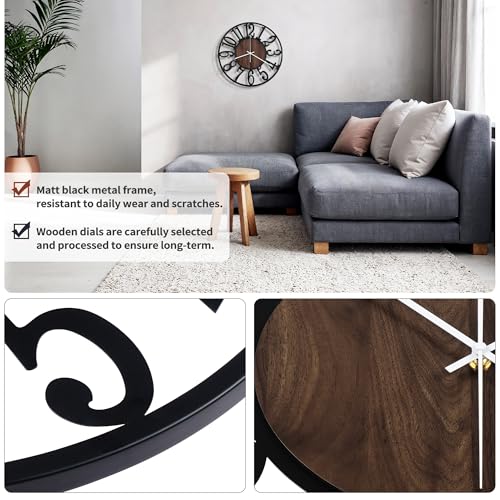 Maxstar Wall Clock Battery Operated,Silent Non-Ticking Modern Rustic Metal Round Clocks Small for Living Room/Bedroom/Office/Kitchen/Farmhouse Home Decor-12 Inch(Brown-Wood)