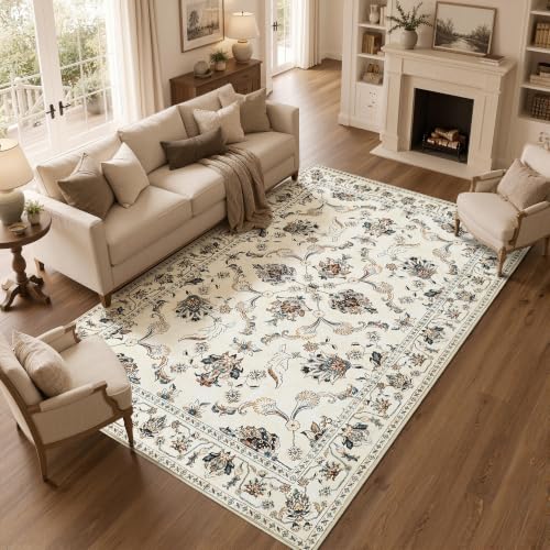 jinchan 6x9 Traditional Floral Area Rug, Washable Rug, Beige Slate