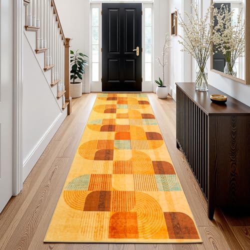 Washable Modern Geometric Hallway Runner Rug for Kitchen Orange 2x8