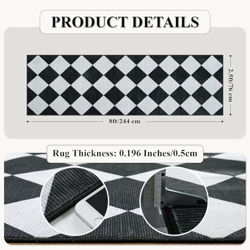 Checkered Print Runners for Hallways 2.5x8, Ultra Thin Black Kitchen Runners Non Skid Washable 8 ft, Modern Diamond Stain Resistant Low Pile Carpet for Bathroom Entryway Bedroom Laundry