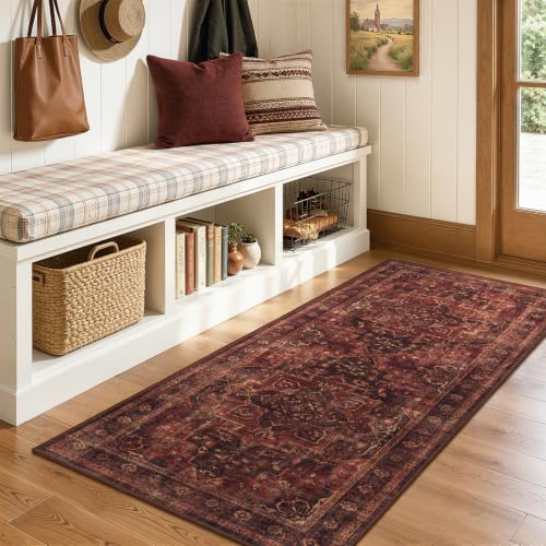 Washable Hallway Runner Rug 2'x5', Vintage Medallion, Dark Red