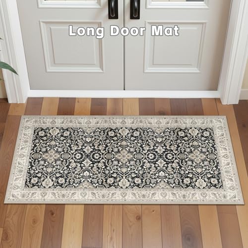 Small Washable Runner Rugs for Entryway: Kitchen Mats Vintage Throw Carpet 2x4 Black Beige - Non-Slip Stain and Water Resistant Soft Low-Pile Thin Rug for Hallway Bathroom Bedroom