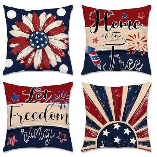 Hexagram 4th of July Pillow Covers 18x18 Patriotic Throw Pillow Covers July 4th Decorations American Flag Set of 4 Decor Star Independence Memorial Day Home Decor