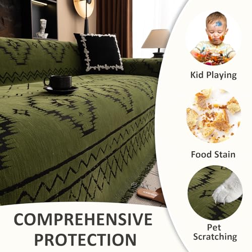 VClife Bohemian Green Couch Cover for Dog, Non Slip Sectional Sofa Covers Furniture Protector Washable Tribal Pattern Couch Covers for 3 Cushion Couch Sofa, Soft Pet Sofa Slip Cover, Green, 71"X150"
