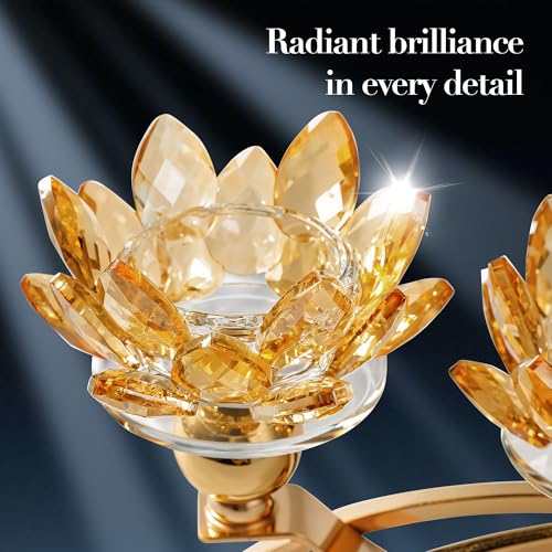 Crystal Candle Holder, 5.6" Tall Gold Centerpieces for Tables, 3-Arm Lotus Candelabra, Home Decor for Wedding, Dining Room, Coffee Table and Living Room (10.5" L, Fits Tealight Candles)