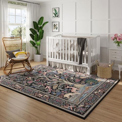 Rugcomf Area Rug 4x6 Washable Non Slip Tree of Life-Patterned, Black