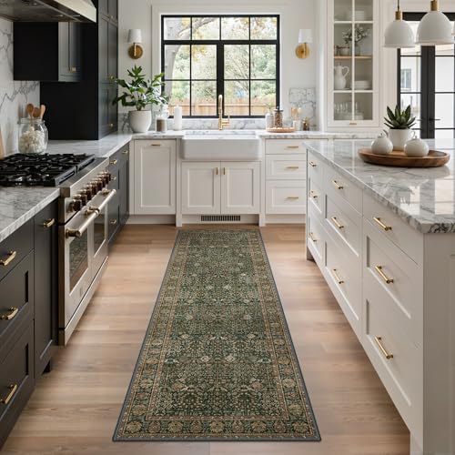 GENIMO 2x7 Non Slip Runner Rug, Washable Lightweight Hallway Dark Green