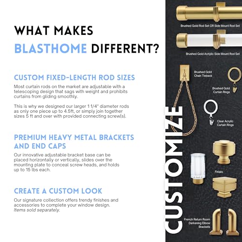 BlastHome® Luxury Curtain Rings – Premium Metal with Quiet, Smooth, Removable Nylon Inserts – Pinhooks and Clips Included – 1 1/2" Inside Diameter – 18 Rings for Two Standard Curtains – Brushed Gold