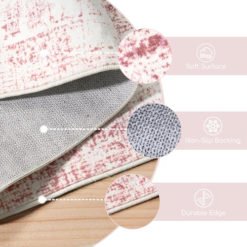 Sofrug 5x7 Washable Pink Area Rug, Upgraded Denser Surface Vintage Rugs, Honeycomb Non-Slip Backing Living Room Rug, Easy Care Foldable Rugs for Living Room Bedroom Kitchen Dinning Room Home Office