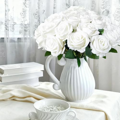 50Pcs White Roses Artificial Flowers with Stems，Fake Roses Bouquet Fake Flowers Bulk，Silk Velvet Roses for Wedding Centerpieces Arrangement Baby Shower Birthday Home Decor Gifts