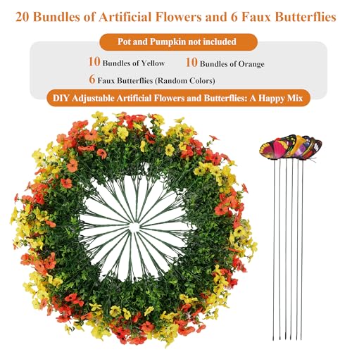 20 Bundles Artificial Flowers for Outdoors‌ and 6 Faux Butterflies | UV Resistant and No Fade, Maintenance-Free, ‌‌Fake Flowers for Garden Patio Porch Home Gifts Festivals Decor, Orange Yellow