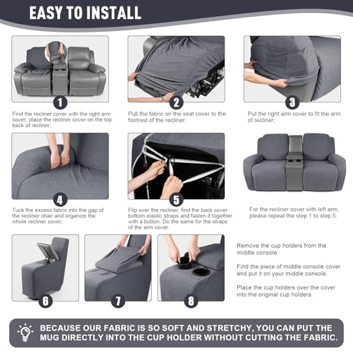 KinCam Loveseat Recliner Covers with Middle Console Slipcover, Recliner Sofa Covers 2 Seat Couch Cover Stripe Jacquard Furniture Protector Covers with Elastic Bottom for Kids, Pets (Dark Gray)