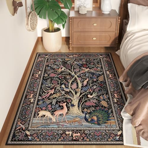 Rugcomf Area Rug 4x6 Washable Non Slip Tree of Life-Patterned, Black