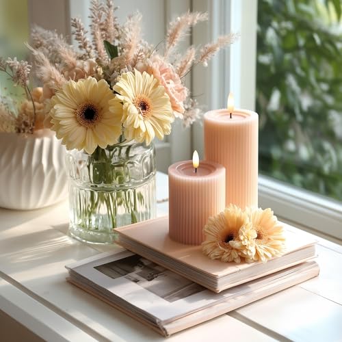 Fluted Ribbed LED Pillar Candles, Blush Beige, with Realistic Reflective Melted-Wax Effect – Flickering Flame, Remote, Dimmable, Flameless, Battery Operated, Home & Wedding Decor (Set of 3)