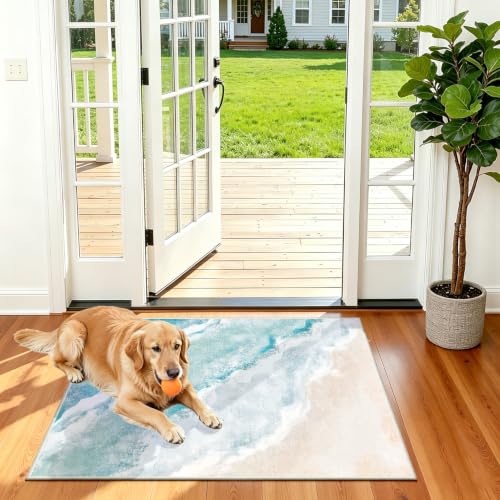 Beach Pattern 3x4ft Runner Rug Non Slip Washable Kitchen Runner Rug with Rubber Backing，Low-Pile Soft Washable Runner Rugs for Hallway Entryway Kitchen Bedroom Living Room Bathroom
