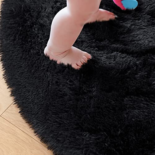 junovo Round Rug 6x6 Feet Fluffy Soft Area Rugs for Kids Girls Room Princess Castle Plush Shaggy Carpet Cute Circle Nursery Rug for Kids Teen's Bedroom Home Decor Large Circular Carpet, Black