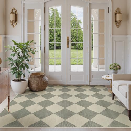 Checkered Print 5x7 Rugs for Living Room, Non Slip Soft Green Rugs for Bedroom Ultra Thin Washable Rugs 5x7, Moroccan Farmhouse Carpet for Playroom Kids Room, Classic Classroom Dorm Home Decor