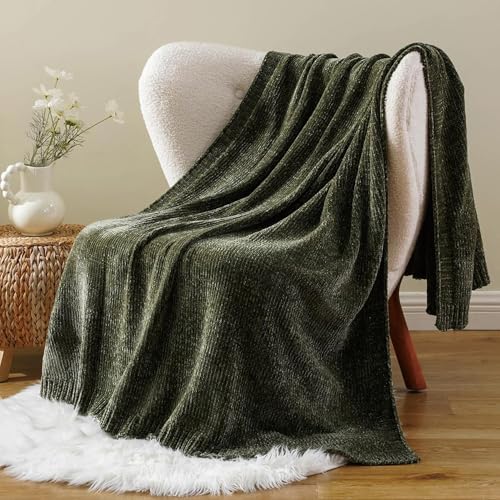 BATTILO HOME Olive Green Chenille Throw Blanket for Couch, Cozy Knit Throw Blanket for Bed Sofa Outdoor, Super Soft Warm Green Blankets Chenille Blankets for Home Decor, 51"x67"