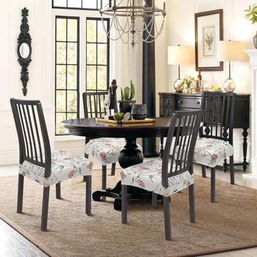 SearchI Dining Chair Seat Covers Set of 4, Stretch Removable Chair Covers for Dining Chairs, Kitchen Chair Covers Protector(Beige Flower 1)