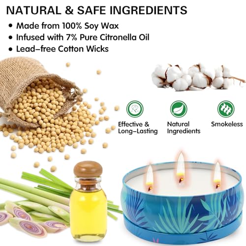 Citronella Candles Outdoor, 12 oz Large Citronella Candles for Patio 3 Pack, 240-Hour Total Burn Time, Natural Soy Wax Outdoor Candle for Backyard, Deck, Garden, Camping, Summer Parties