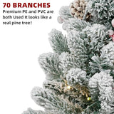 ININ 2FT Pre-lit Mini Christmas Snow Flocked Tree,Tabletop Artificial Christmas Tree with LED Lights, Small Xmas Pine Tree with Cloth Bag Base for Christmas Decor,12 Clusters Berry & 8 Pinecones
