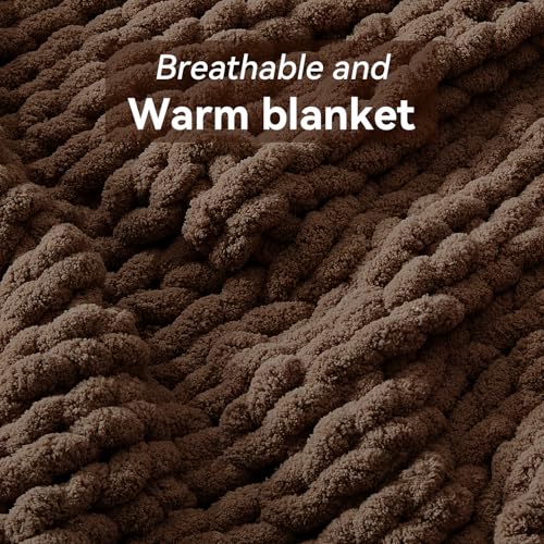 Negwoo Chunky Knit Throw Blanket, 50''*60'' Knitted Throw Chenille Yarn for Bed Couch, Handmade Dark Brown Crochet Big Thick Blanket, Machine Washable Cute Comfy Blanket for Home Decor
