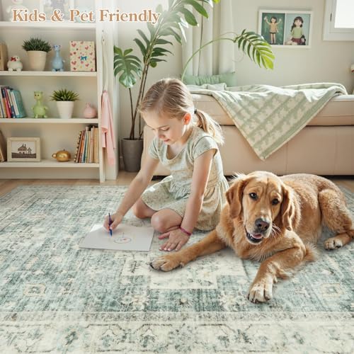 LIVEBOX Washable 2x6 Runner Rug for Bathroom, Non Slip Kitchen Mats for Floor Entryway, Boho Indoor Front Door Mat Low-Pile Runners for Hallways, Farmhouse Rugs for Laundry, Sage Green