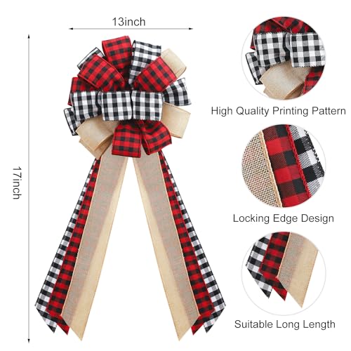 Christmas Tree Topper Large Buffalo Plaid Burlap Red and Black Gift Bow for Xmas Tree Handmade Holiday Party Decorations-13 x 29 Inch