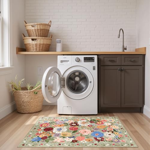 Green Garden Floral Hallway Runner Rug 2x5 for Bedroom Kitchen
