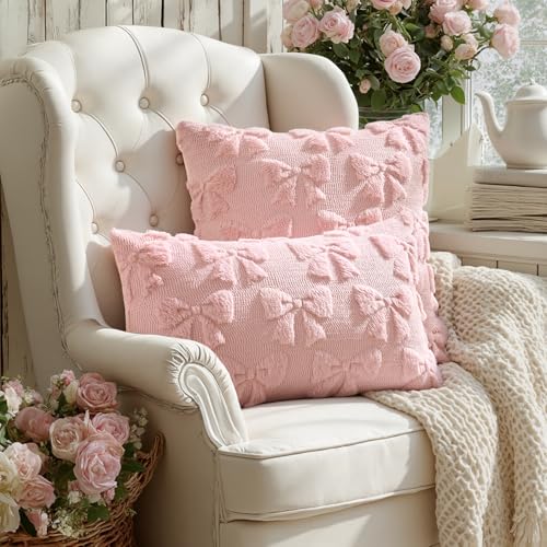 MIULEE Light Pink Bow Pillow Covers Coquette Room Decor Aesthetic Set of 2 Spring Decorative Cute Girl Soft Plush Faux Pillowcase for Preppy Room Decor Bedroom Couch,18x18 Inch