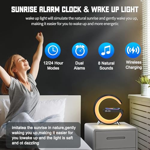 Smart LED Table Lamp, 4-in-1 Wireless Charger, Night Light, Alarm Clock, Bluetooth Speaker with App Control, Bedside Lamp with Charging Station for Bedroom, Office, Home Decor, Teen Girls Boys Gifts