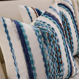 Boho Striped Throw Pillow Covers 18x18 Inch Set of 2 Farmhouse Square Decorative Pillow Covers Chenille Tufted Accent Neutral Pillowcase Blue Cushion Cover for Living Room Couch Sofa Bed