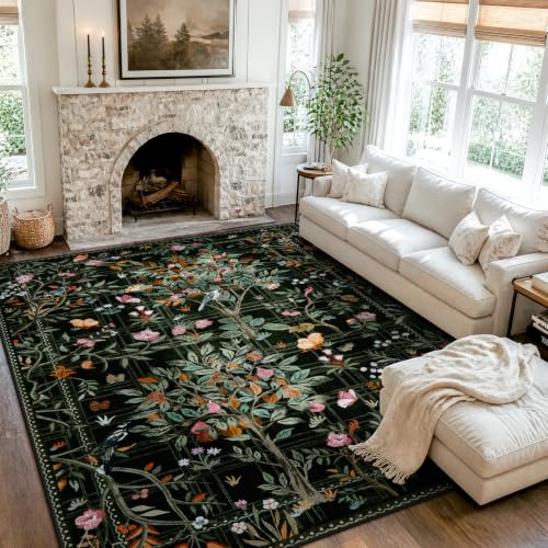 Black Boho 8x10 Area Rugs for Living Room, Washable Large Floral Rug Non Slip, Soft Flower Birds Low-Pile Floor Indoor Throw Carpet for Bedroom Dining Room Dorm Playroom Foyer
