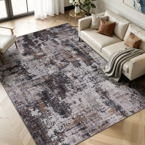 Sasttie 9x12 Washable Area Rug, Modern Abstract Large Carpet, Black & Brown